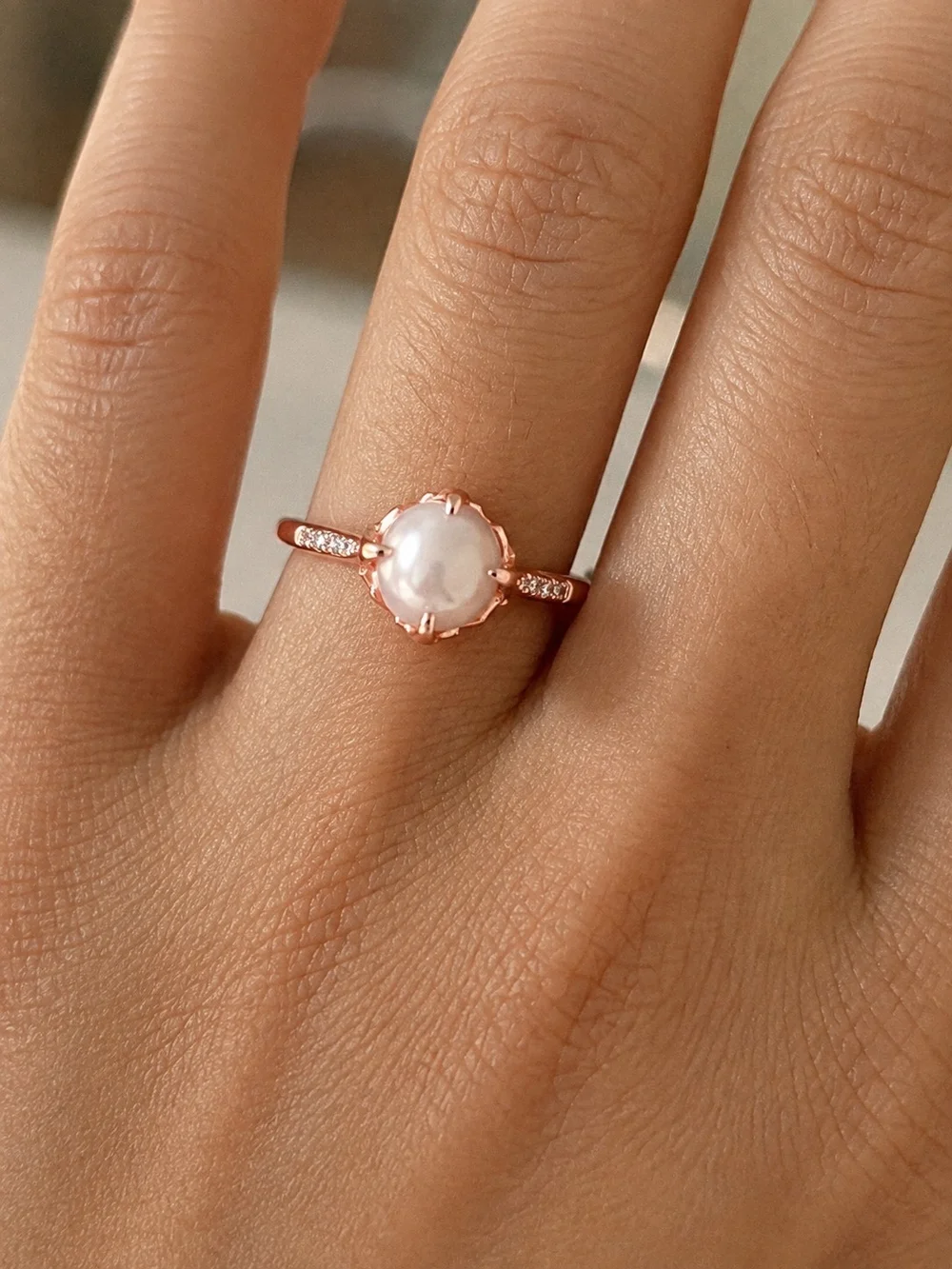 Rose Gold Pearl Ring with Pavé Accents - Women Jewelry